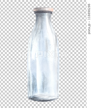 Transparent closed empty glass milk bottle. Watercolor hand drawn illustration.Clipart for dairy drink, kitchenware labels design. Ecology poster and recycling product concept Isolated from background Transparent closed empty glass milk bottle. Watercolor hand drawn illustration.Clipart for dairy drink, kitchenware labels design. Ecology poster and recycling product concept Isolated from background 118898286