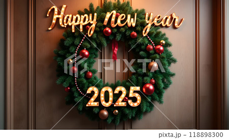 Christmas Wreath on a Wooden Door Background happy new year 2025 Christmas Wreath on a Wooden Door Background happy new year 2025 118898300
