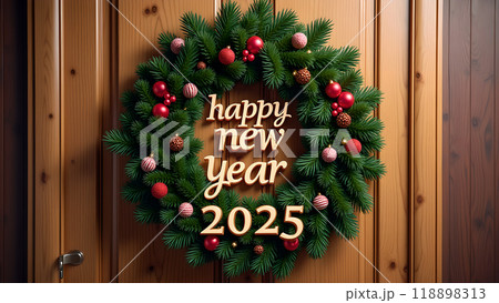 Christmas Wreath on a Wooden Door Background happy new year 2025 Christmas Wreath on a Wooden Door Background happy new year 2025 118898313