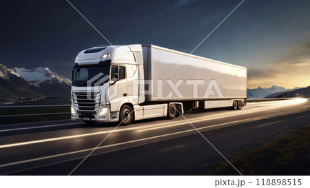 photorealistic image of a sleek, futuristic semi-trailer truck 118898515