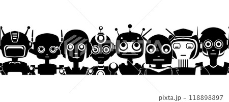 Child cheerful horizontal banner with black silhouette of cartoon robots isolated from background. Monochrome flat frieze with various cyborg 118898897