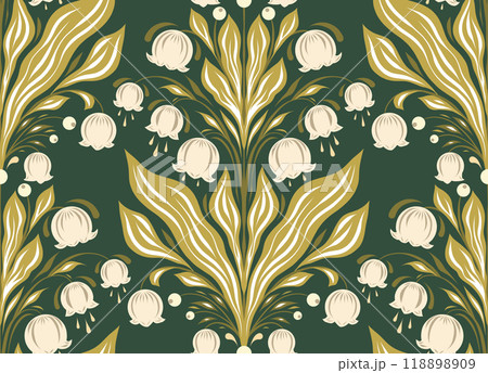 Vector tracery pattern with lilies of the valley. Texture with floral symmetrical arrangement on a dark green background. Decorative surface design Vector tracery pattern with lilies of the valley. Texture with floral symmetrical arrangement on a dark green background. Decorative surface design 118898909