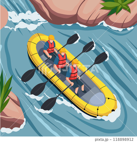 Vector illustration of rafting on river top view. Active sport leisure in flat style. Water sport hobby Vector illustration of rafting on river top view. Active sport leisure in flat style. Water sport hobby 118898912