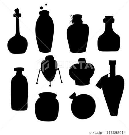 Vector set of magic potions and poisons pictograms isolated from background. Collection of black silhouettes of bottles and flasks Vector set of magic potions and poisons pictograms isolated from background. Collection of black silhouettes of bottles and flasks 118898914