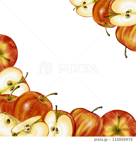 Frame with apples. Square shape. Watercolor illustration. Whole, halved and quartered apples. The fruit is red. Frame with apples. Square shape. Watercolor illustration. Whole, halved and quartered apples. The fruit is red. 118898978
