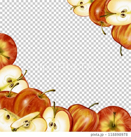Frame with apples. Square shape. Watercolor illustration. Whole, halved and quartered apples. The fruit is red. Frame with apples. Square shape. Watercolor illustration. Whole, halved and quartered apples. The fruit is red. 118898978