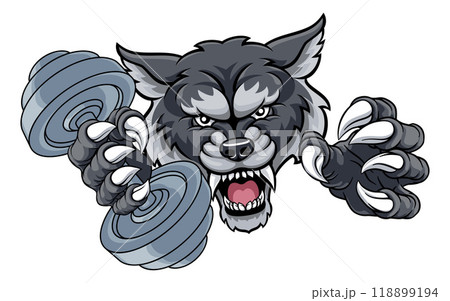 Wolf Werewolf Weight Lifting Dumbbell Gym Mascot Wolf Werewolf Weight Lifting Dumbbell Gym Mascot 118899194