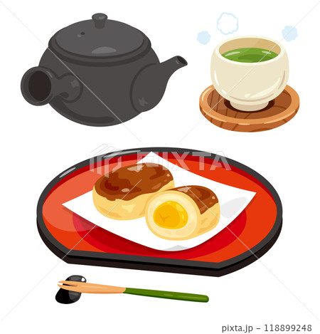お盆に盛られた栗まんじゅうとお茶セット お盆に盛られた栗まんじゅうとお茶セット 118899248