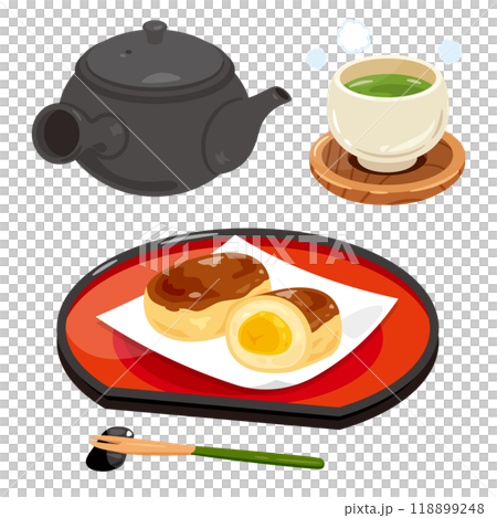 栗子饅頭和茶具放在托盤中 118899248