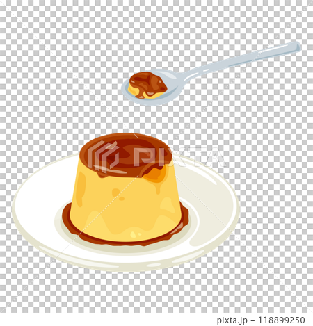 皿に盛られたプリンをスプーンですくうイラスト 118899250