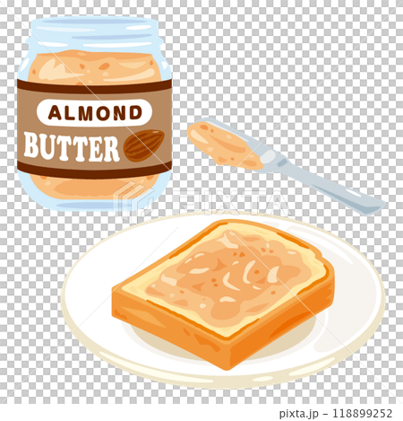 A jar of almond butter and a plate of almond butter toast A jar of almond butter and a plate of almond butter toast 118899252