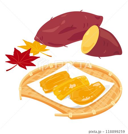 さつまいもとザルに盛られた干し芋 118899259