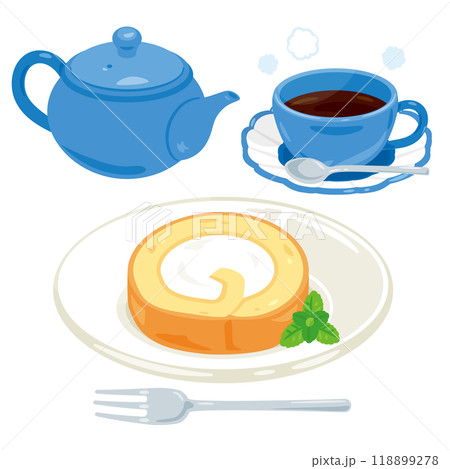 皿に盛られたロールケーキとコーヒーセット 118899278