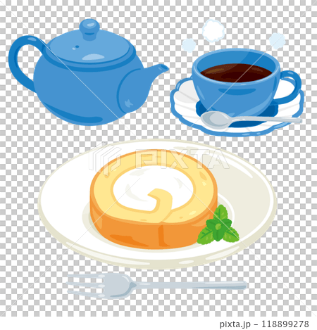 皿に盛られたロールケーキとコーヒーセット 118899278