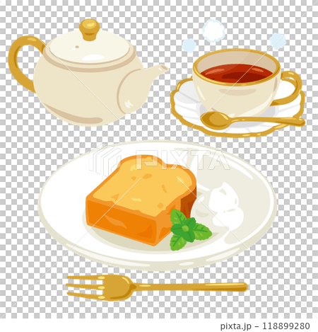 Pound cake on a plate and a tea set Pound cake on a plate and a tea set 118899280