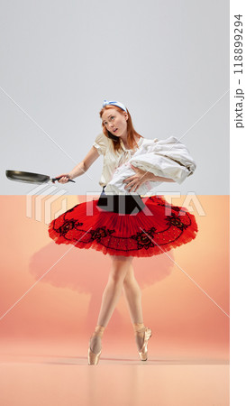 Ballerina with frying pan. Creative collage. Ballerina in red tutu from waist down, while upper body holding laundry and frying pan. Ballerina with frying pan. Creative collage. Ballerina in red tutu from waist down, while upper body holding laundry and frying pan. 118899294