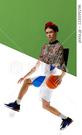 Frida basketball player. Creative collage. Woman resembling Frida Kahlo from the waist up, with a basketball player body below. 118899296
