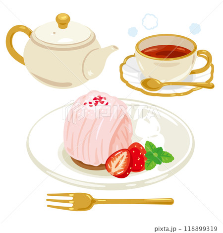 皿に盛られた苺モンブランと紅茶セット 118899319