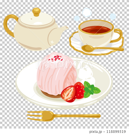 皿に盛られた苺モンブランと紅茶セット 118899319