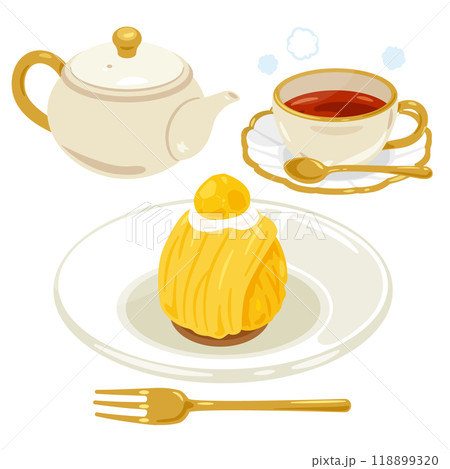 皿に盛られた黄色いモンブランと紅茶セット 118899320