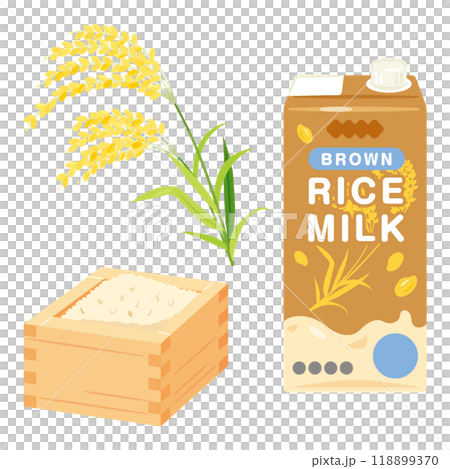 Brown rice in a wooden box and packaged rice milk 118899370