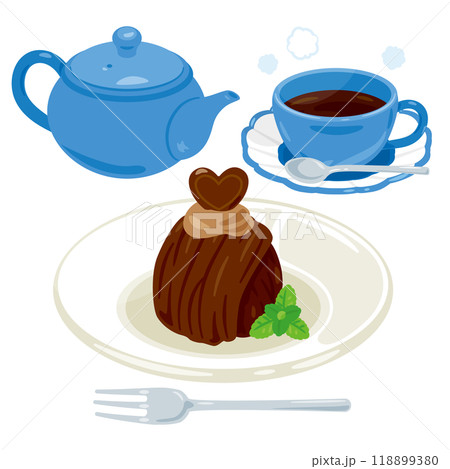 皿に盛られたチョコレートモンブランとコーヒーセット 118899380