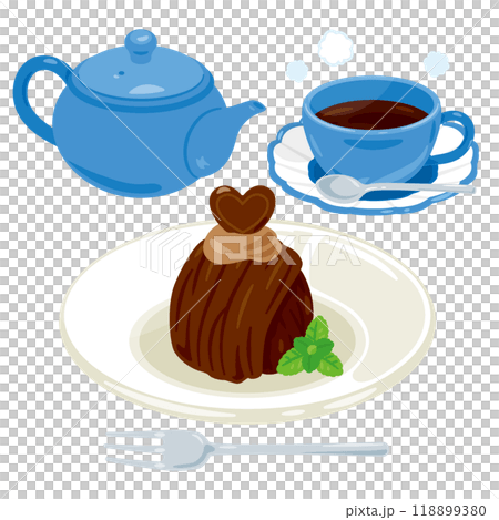 皿に盛られたチョコレートモンブランとコーヒーセット 118899380