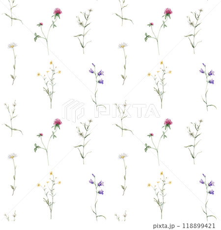 Watercolor floral seamless pattern in botanical rustic style, colored garden. Hand drawn print with meadow flowers: bluebell, buttercup, clover, chamomile. Repeat wallpaper with leaves and plants. 118899421