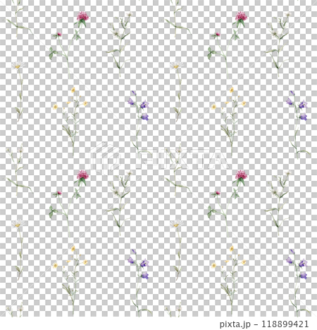 Watercolor floral seamless pattern in botanical rustic style, colored garden. Hand drawn print with meadow flowers: bluebell, buttercup, clover, chamomile. Repeat wallpaper with leaves and plants. 118899421