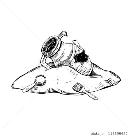 Archaeological find vector illustration in linear drawing style. Hand drawn drawing sketch of discovery from adventure or camping on isolated background. Broken antique jug, magnifying glass, brush. 118899422