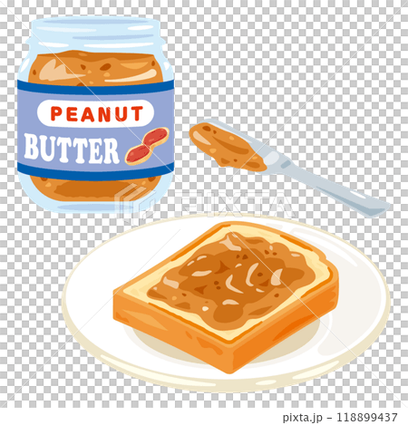 盤子裡放著一罐花生醬和花生醬吐司 118899437