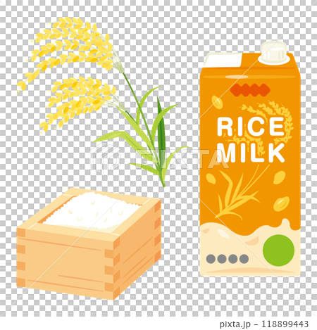 A wooden box of white rice and a package of rice milk 118899443