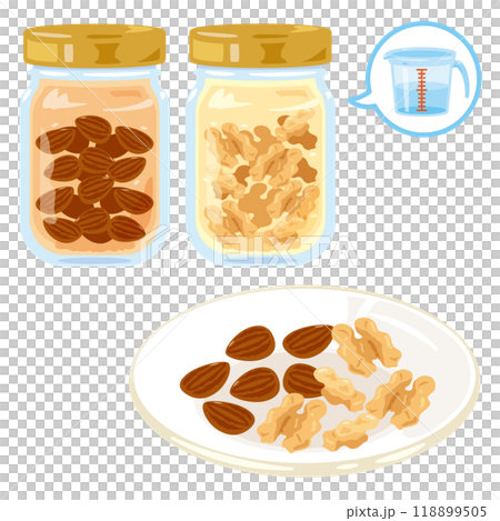 A jar of nuts submerged in water and a plate of nuts A jar of nuts submerged in water and a plate of nuts 118899505