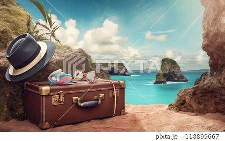 Suitcase with accessories on the sand with a sea background. Travel concept. Generative AI Suitcase with accessories on the sand with a sea background. Travel concept. Generative AI 118899667