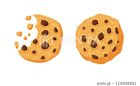 Cookie crumble, bite biscuit oatmeal. Chocolate cake with crumb. Tasty chip bakery. Sweet dessert food. Cartoon pastry baked snack for breakfast 118899881