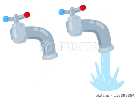 Water tap. Faucet and blue flowing liquid. Plumbing droplet, pour and flow cartoon illustration 118899884