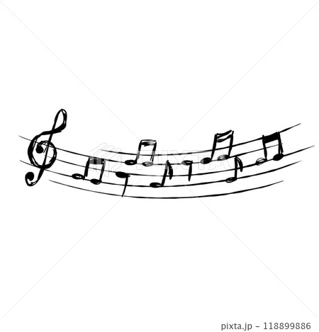 Music note. Simple sound sheet drawing. Musical sketch design. Creative retro musical song. Black and white doodle melody tone and music key 118899886
