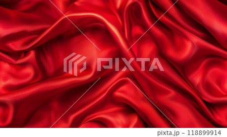 Red silk, wave fabric texture. Curve satin sheet background. Fashion elegant abstract cloth. Luxury silky textile wallpaper. Liquid smooth drapery for valentine or love concept 118899914