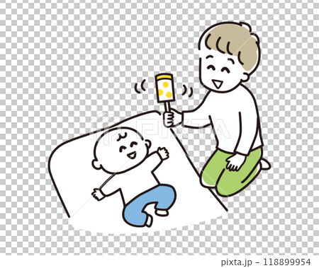 おもちゃのガラガラを手に持ち赤ちゃんをあやす男性 おもちゃのガラガラを手に持ち赤ちゃんをあやす男性 118899954