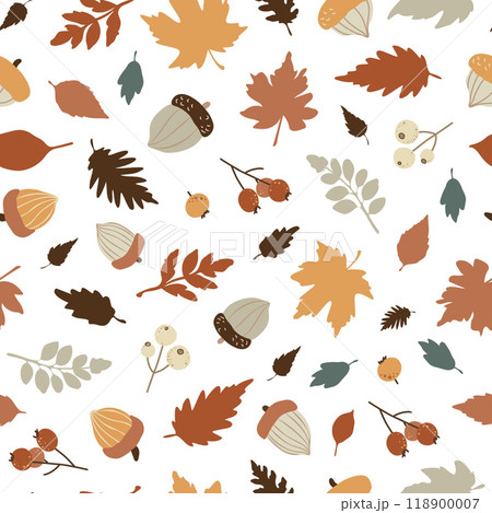 Seamless autumn pattern with leaves, acorns, berries Seamless autumn pattern with leaves, acorns, berries 118900007