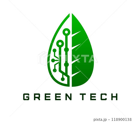 Green tech icon, smart digital farm and eco green energy technology. Vector symbol of a leaf combined with circuit lines, symbolizing fusion of nature and tech, sustainability, eco-friendly innovation 118900138