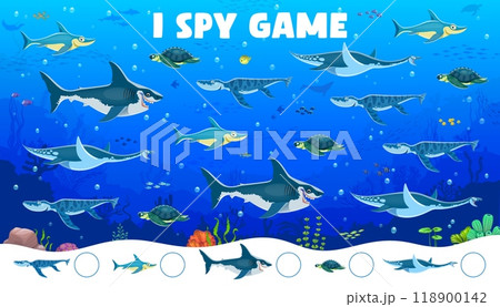 I spy game worksheet with prehistoric sea underwater dinosaurs and reptiles, vector quiz. Kids I spy game to find and match the same picture with Jurassic undersea fish animals and dino reptiles I spy game worksheet with prehistoric sea underwater dinosaurs and reptiles, vector quiz. Kids I spy game to find and match the same picture with Jurassic undersea fish animals and dino reptiles 118900142