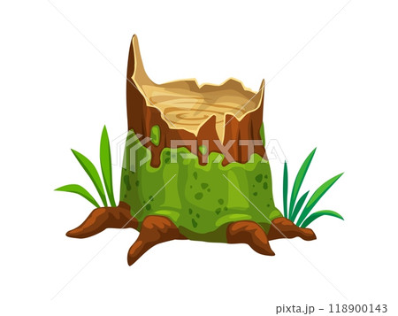 Tree stump with green moss and surrounding plants, natural and wild game asset captures a prehistoric jungle atmosphere for fantasy or dinosaur-themed environments, adventure and nature exploration 118900143