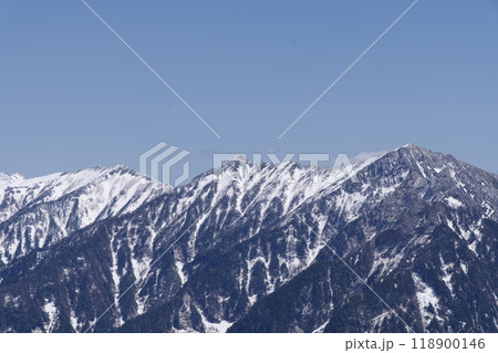 5月上旬の立山黒部アルペンルート　大観峰展望台からの後立山連峰（赤沢岳　鳴沢岳　岩小屋沢岳）の眺め 118900146