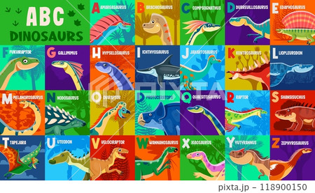 Kids prehistoric dinosaurs alphabet featuring dino species for each letter. Vector educational abc font for ancient reptile animals learning with herbivore, carnivore, terrain or underwater creatures 118900150