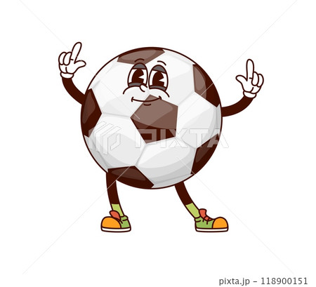Soccer ball groovy character. Isolated cartoon vector retro sport personage with happy face and raised fingers, captures the joy and excitement of football game, showcasing a sporty and funky vibe Soccer ball groovy character. Isolated cartoon vector retro sport personage with happy face and raised fingers, captures the joy and excitement of football game, showcasing a sporty and funky vibe 118900151