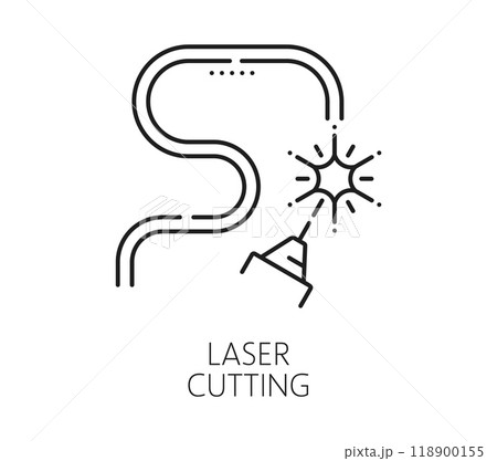 Laser cutting manufacture industry line icon. Laser marking metalwork industry linear symbol, steel cutting production technology or CNC engraving manufacture equipment line vector icon or pictogram 118900155