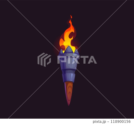 Medieval fire torch game asset. Cartoon vector ancient flambeau with burning fire. Isolated tribal, flaming torchlight or lighting lantern glowing in the darkness, torch on wooden decorated handle 118900156