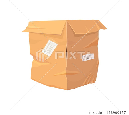 Damaged and crumpled cardboard delivery box. Isolated cartoon vector package is broken and ripped. Crashed carton container with stickers and barcodes, indicating mishandling during shipping transit 118900157