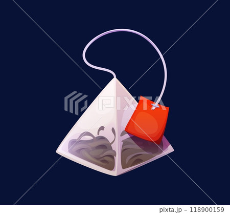 Flower herbal, fruit and berry tea bag with a string. Isolated cartoon vector drink product. Pyramid-shaped teabag with a red tag, filled with loose tea leaves, conveys relaxation, health and wellness 118900159